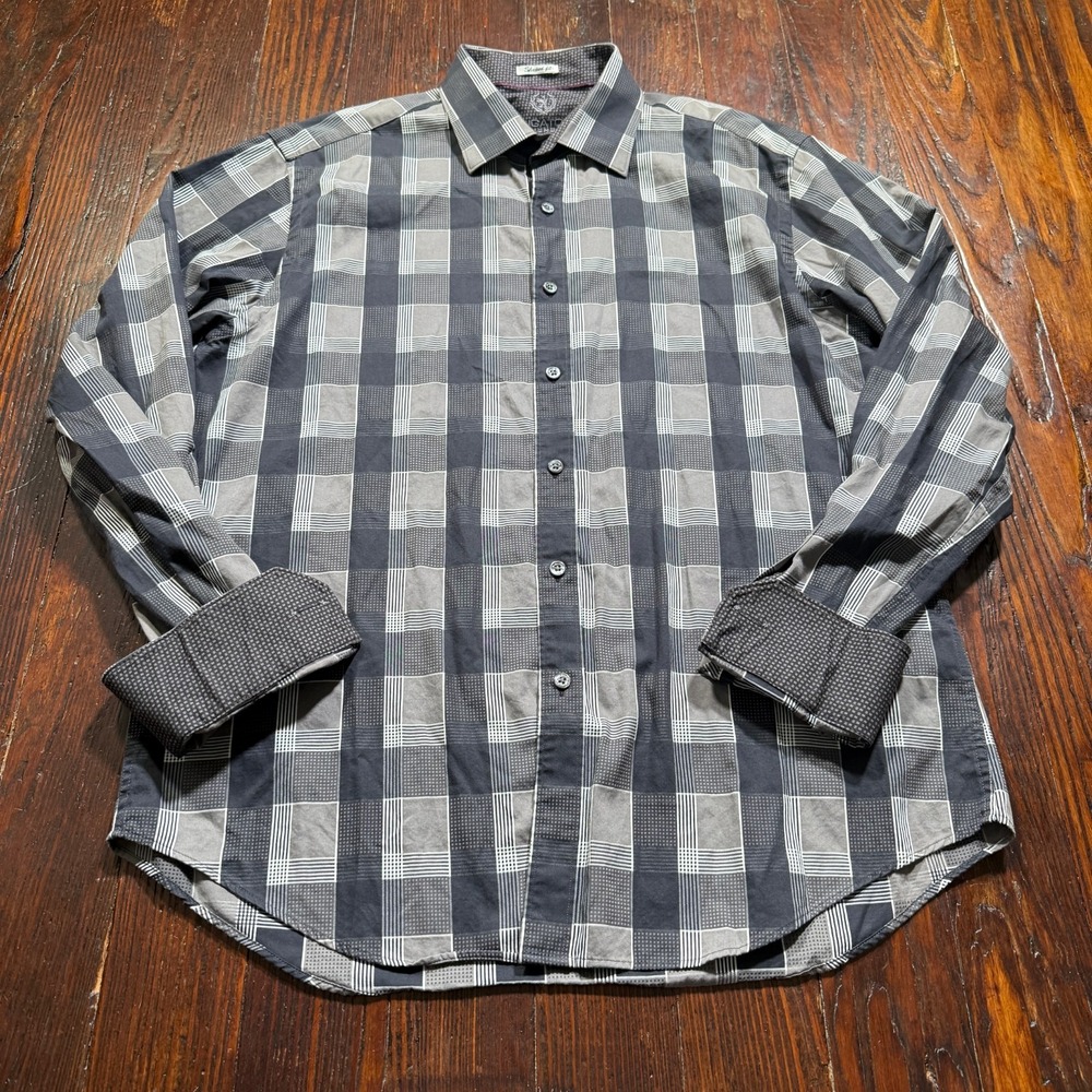 Bugatchi Uomo Button-Up Men Large Gray Plaid Shaped Fit Flip Cuffs Long Sleeve